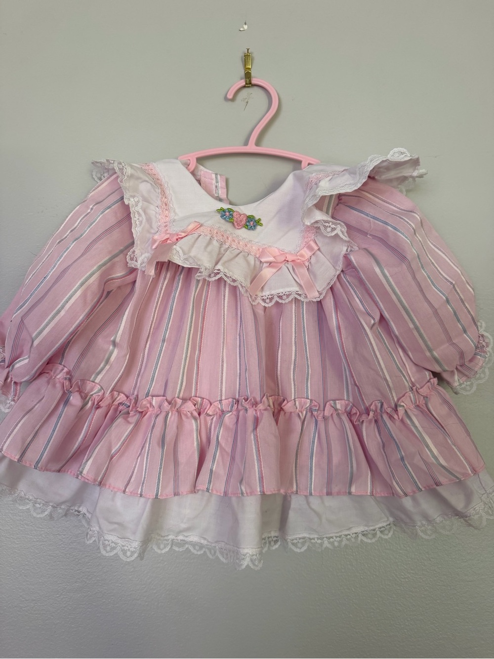 Girls Pink Striped Ruffle Dress with Lace Trim